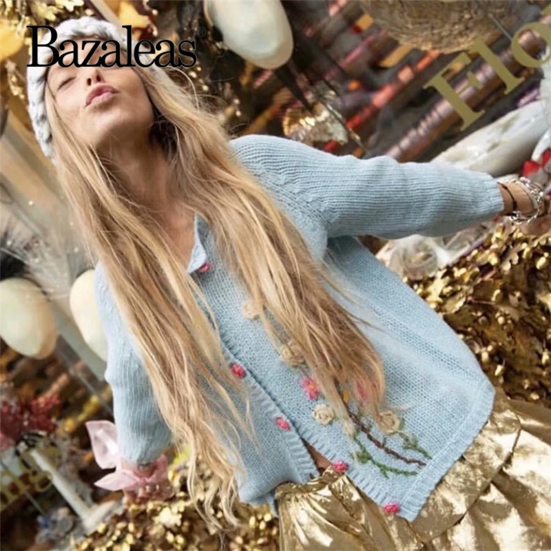 Bazaleas Винтаж pull женский кардиган свитера ретро Цветочная вышивка шикарный женский свитер Цветочные пуговицы вязаный Прямая