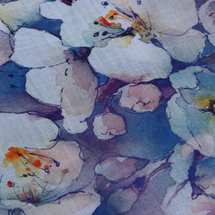 

Ткань из натуральной чистой рами, синяя ткань с принтом догвуда, летнее тонкое платье, одежда для шитья