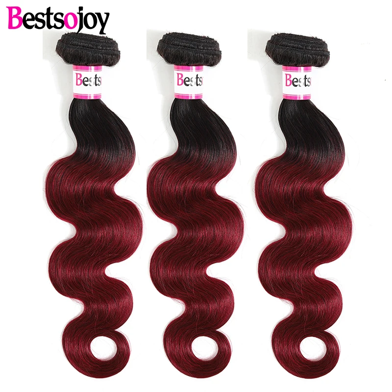 

Bestsojoy Brazilian Body Wave Hair Bundles 100% Human Hair Weave 3 Bundles 1B/Burgundy Remy Hair Extension 8-26 Inch
