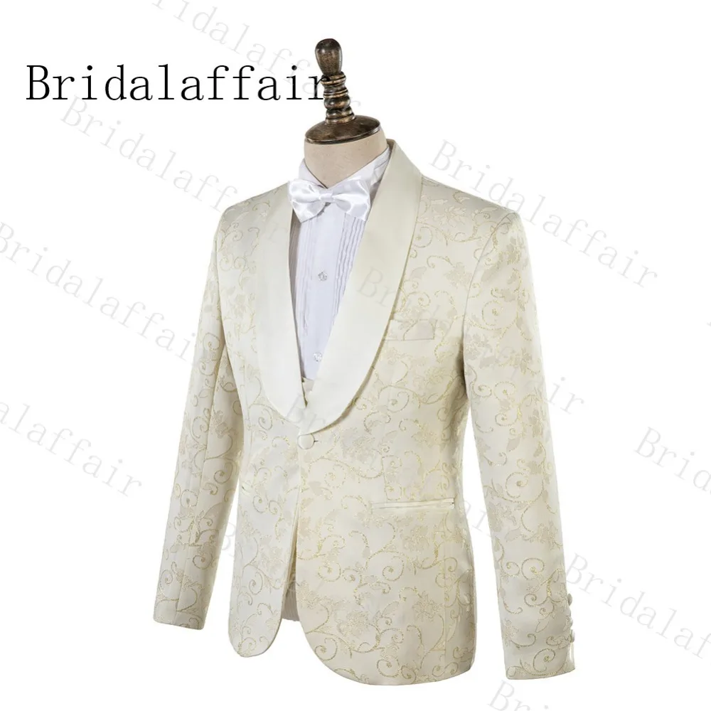 Bridalaffair 3 шт. мужские свадебные костюмы золотая линия Jacqaurd бежевый Блейзер деловые выпускные костюмы шаферы, Женихи Мужские смокинг