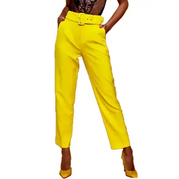 

Solid Color Women High Waist Casual Long Pants Ladies Trousers with Waist Belt