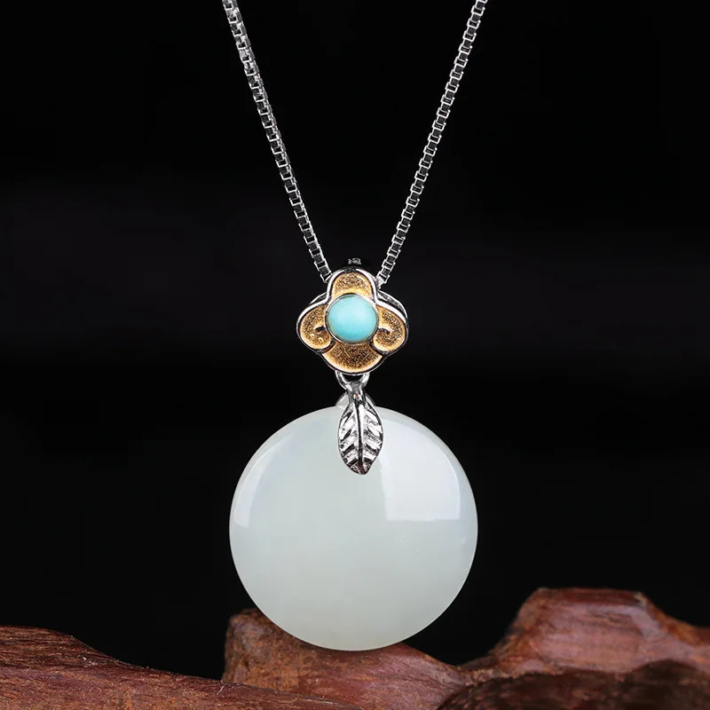 

with certificate natural turquoise gold silver seperated auspicious cloud buckle half round Hetian jade pendant