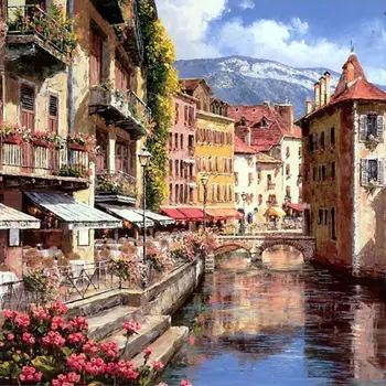 

Waterside town canvas paintings without frame home decoration oil painting by numbers scenery pictures 40X50cm wall art AA