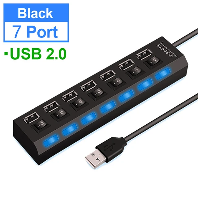 7 Ports usb hub LED USB High Speed 480 Mbps Adapter USB Hub With Power on off Switch For PC Laptop Computer PC Laptop With ON/OF 7 Port 2.0USB Black