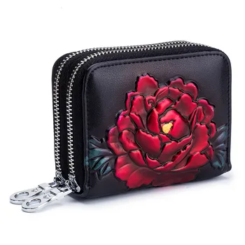 

Women's Genuine Leather Organizer Business Card Holder Double Zipper Organ Card Holder Fashion Rose Multifunctional Coin Purse
