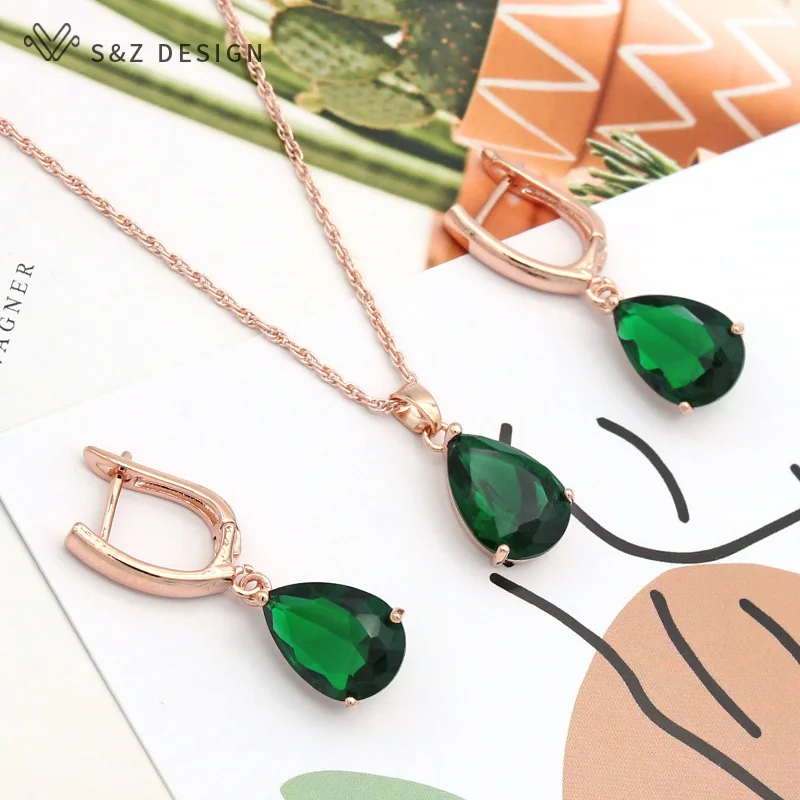 S&Z DESIGN Classic Water Drop Cubic Zirconia Jewelry Sets For Women 585 Rose Gold Color Dangle Earrings Pendant Necklace