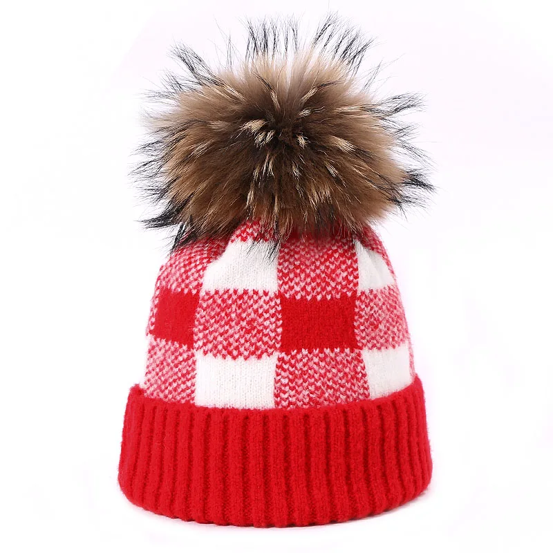 Зимняя шапка с помпоном Skullies Beanie, Классическая клетчатая шапка для мужчин и женщин, теплая вязаная Толстая шапка с меховым помпоном - Цвет: L