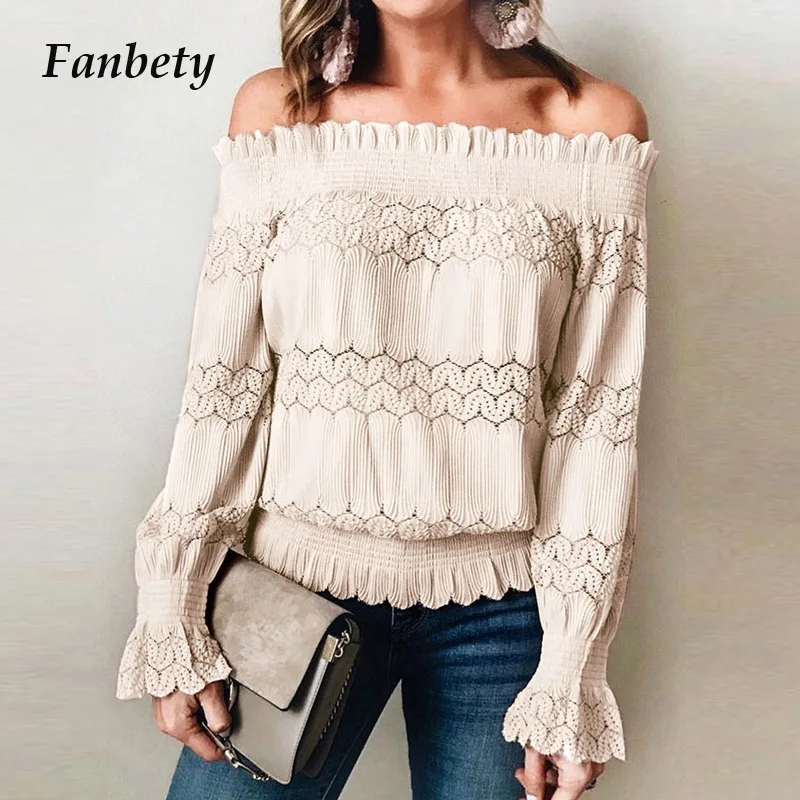 Женская кружевная блузка Fanbety с открытыми плечами и длинным рукавом вырезами в