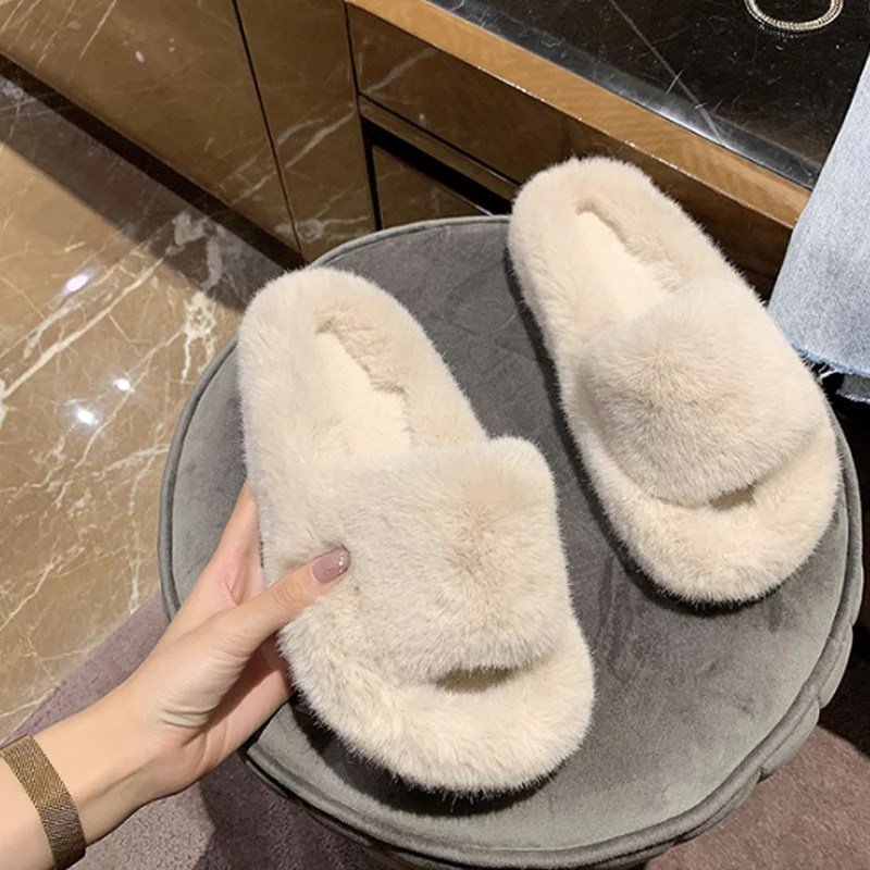 Woman Slippers Winter Shoes For Women Platform Home Slippers Faux Fur Warm Shoes 3cm Heel Female Slides Plus Size 42 Dropship