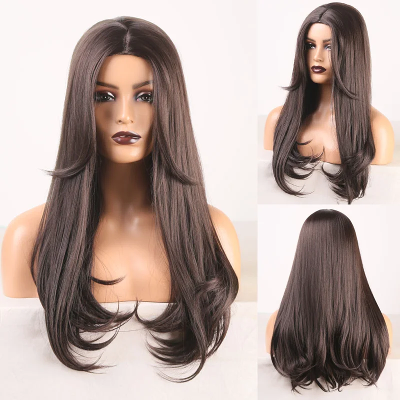 

RONGDUOYI Brown High Temperature Hair Synthetic Wig Long Natural Wave Wigs for Women Middle Part Machine Made Hair Cosplay Wig