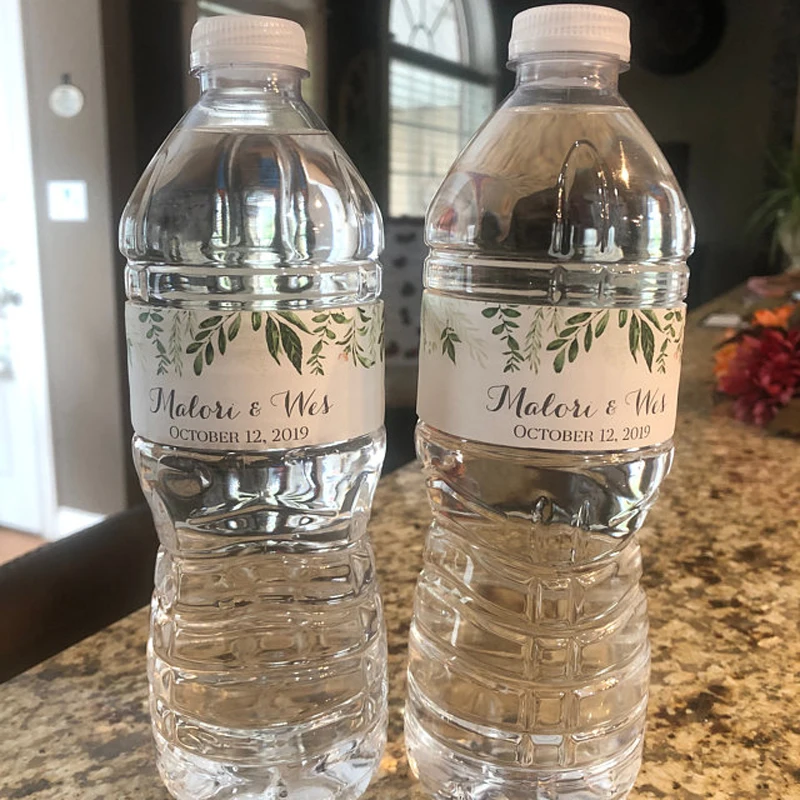 Printed Wedding Water Bottle Labels - Rustic Pink Flower Custom Water Bottle Labels - Personalized Water Bottle Label