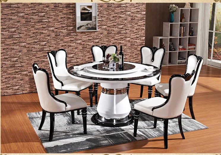 

European marble dining table round turntable dining table and chair combination Modern minimalist small and medium-sized round t