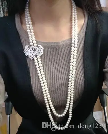 

Free Shipping double strands 9-10mm white round pearl necklace 24 "26