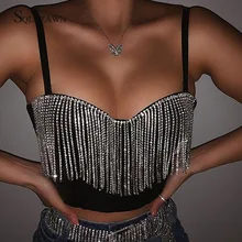 

2020 Summer Diamond Tassel Patchwork Black Crop Top V-neck Glitter Bustier Off Shoulder Shiny Party Night Club Clothes for Women