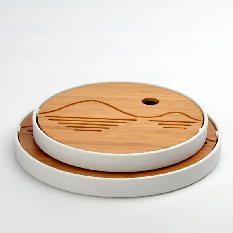 Japanese Round Tea Tray Drainage Storage Bamboo Serving Solid Wood Kungfu Bandejas De Cha Kitchen Accessories OF50CP | Дом и сад
