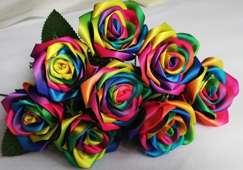 Rainbow colour rose flowers Handmade silk satin Rose Flowers Wedding Bridal Bouquet Home Decoration wedding flowers