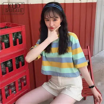 

korean Rainbow stripes short Tops Tees Summer Women T Shirt Short Sleeve O-neck Casual t-shirts Female harajuku Ladies Crop Top