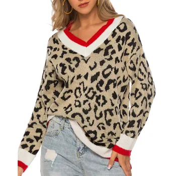 

Women's sweater свитер женский Pullover кардиган Casual V-Neck Leopard Print Knitted Long Sleeve Sweater Top free shipping #3