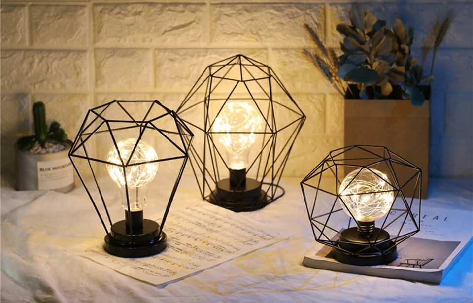 Candeeiro de Mesa Forjado do Vintage Alimentado por Bateria Luz da Noite Nordic Retro Ferro Preto Minimalista Fio Cobre Criativo 3d Lâmpada 16 Luzes e Iluminação