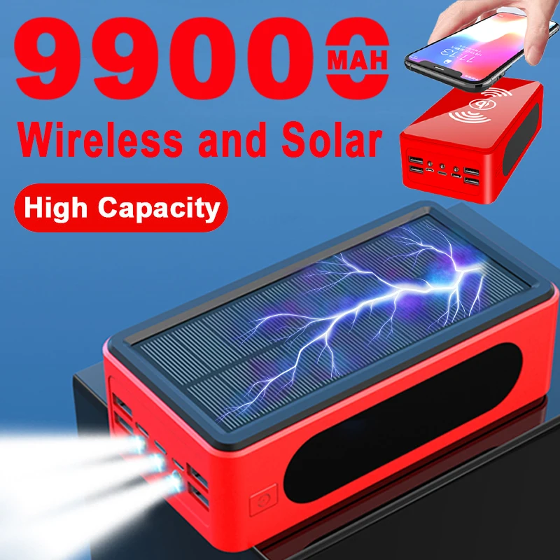 Wireless Power Bank 99000mAh Portable Solar Charger Large Capacity 4USB