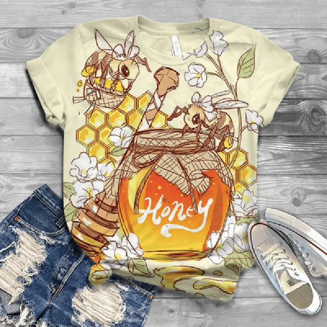 Women Short Sleeve 3D Animal Print T Shirt New Summer Casual Loose Cute Bee Tshirts Fashion Female Tees Top Plus Size S-4XL A0545-4