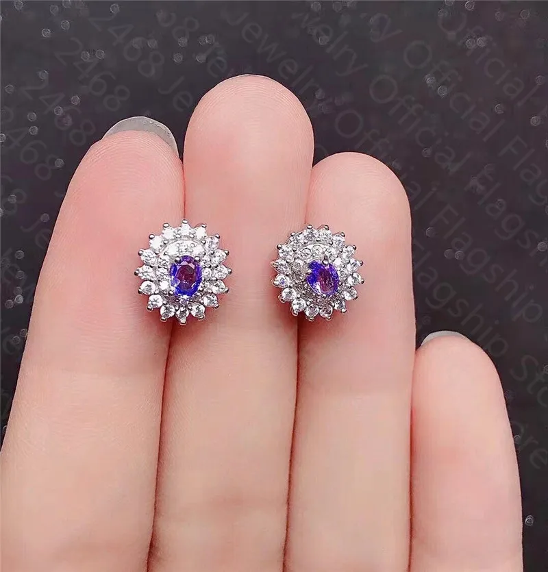 

2468 new style 925 silver inlaid natural tanzanite earrings, women's earrings, fresh and cute
