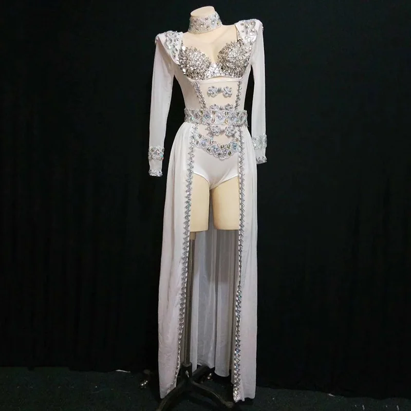 Белые стразы, Женский танцевальный костюм, длинный хвост, бриллиантовый наряд, сексуальный костюм, сценический костюм, женское платье для дня рождения, DQS3253