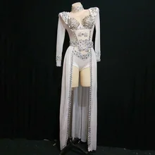 Белые стразы, Женский танцевальный костюм, длинный хвост, бриллиантовый наряд, сексуальный костюм, сценический костюм, женское платье для дня рождения, DQS3253