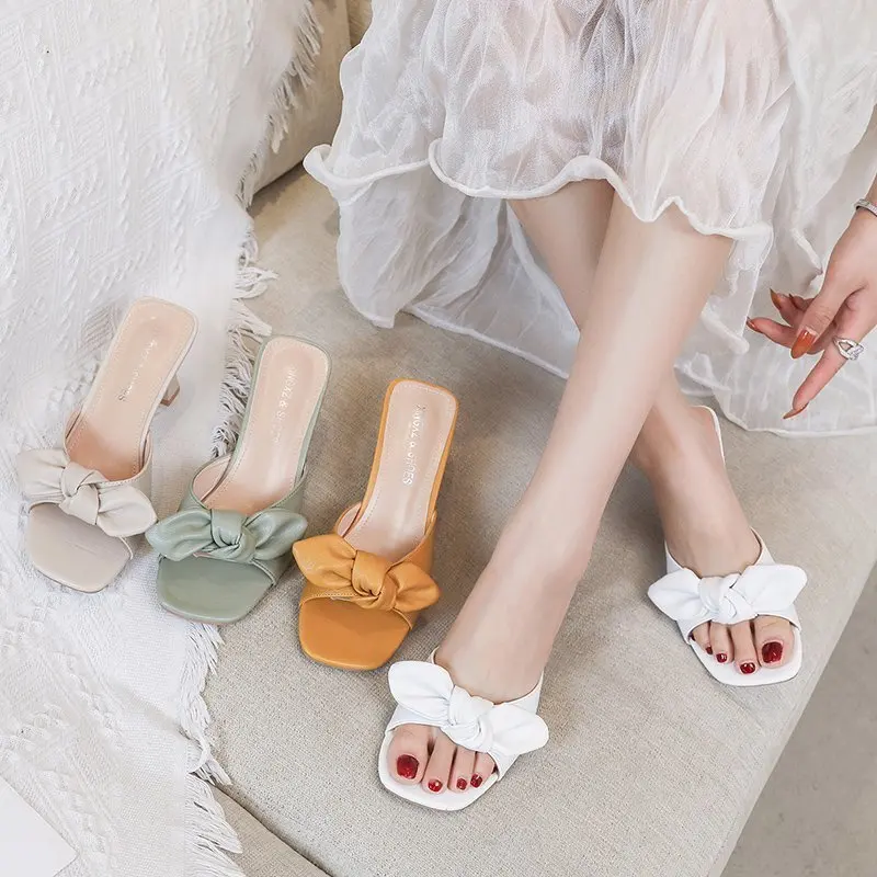 

2020 Summer New Fashion High Quality Lattice BOW PU Leather Peep Toe Shoe Womens Slippers Outdoor Rome Designer Sandals