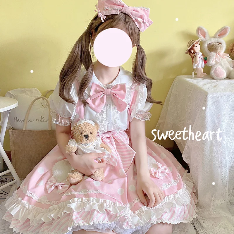 Sweet Jsk Lolita Dress Summer Japanese Bow Dots Ruffle Baby Doll Spaghetti Strap Dresses Women Fashion Kawaii Cute Clothing lolita dress lolita suspender dress lolita cosplay costumes