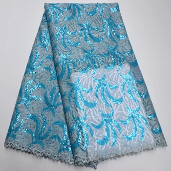 

Soft sky blue complicated embroidery African Guipure Lace mix shiny French tulle lace fabric allover small sequins 5 yards VV5-C