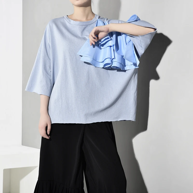 

[EAM] 2019 New Spring Summer Round Neck Three-quarter Sleeve Blue Stereoscopic Ruffles Stitch Big Size T-shirt Women Fashion Y25