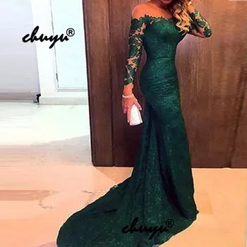

2020 Muslim Evening Dresses Off the Shoulder Mermaid Full Sleeves Lace Illusion Islamic Dubai Kaftan Saudi Arabic Prom Dress
