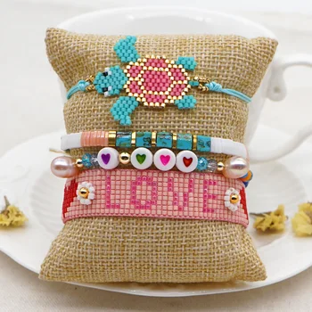 

Go2Boho Tortoise Bracelet For Women Boho Summer Miyuki Bracelets Jewelry Pink LOVE Letter Rainbow Enamel Pulseras Tila Beads