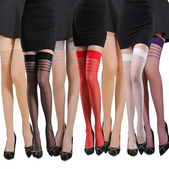 

Hot Sale Sexy Rib Top Stockings Stripe Transparent Silk Stocking Thigh High Nylon Women Stockings Medias De Mujer Leggings