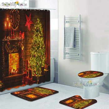 

Warm Fireplace Christmas Tree Shower Curtain Happy New Year Santa Claus Red Waterproof Curtains For Shower Bathroom Decor