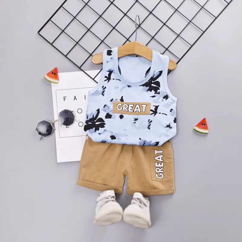 

2Pcs/Set Summer Children Baby Boys Girls Casual Sleeveless Floral Letter Print Vest Tops+Shorts