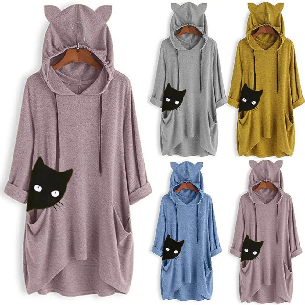Толстовка с капюшоном с рисунком кота, рубашка для женщин, милая, 5xl, плюс размер, толстовка с ушками, рубашка с длинными рукавами, свободная блузка, повседневные женские Топы#15
