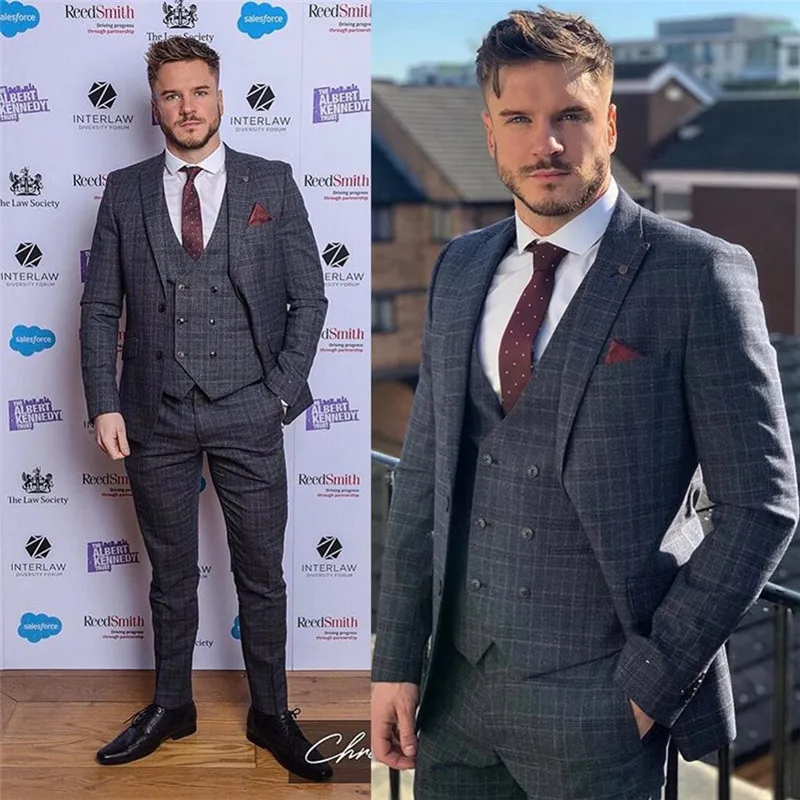 

2020 Dark Grey Mens Suits Wool Blend 3 Piece (Coat+Vest+Pants) Peaked Lapel Traje Hombre Formal Men Suit Custom Made