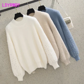 

2019 autumn and winter models Korean fashion women's lazy nail beads velvet sweater O-Neck Office Lady Cashmere