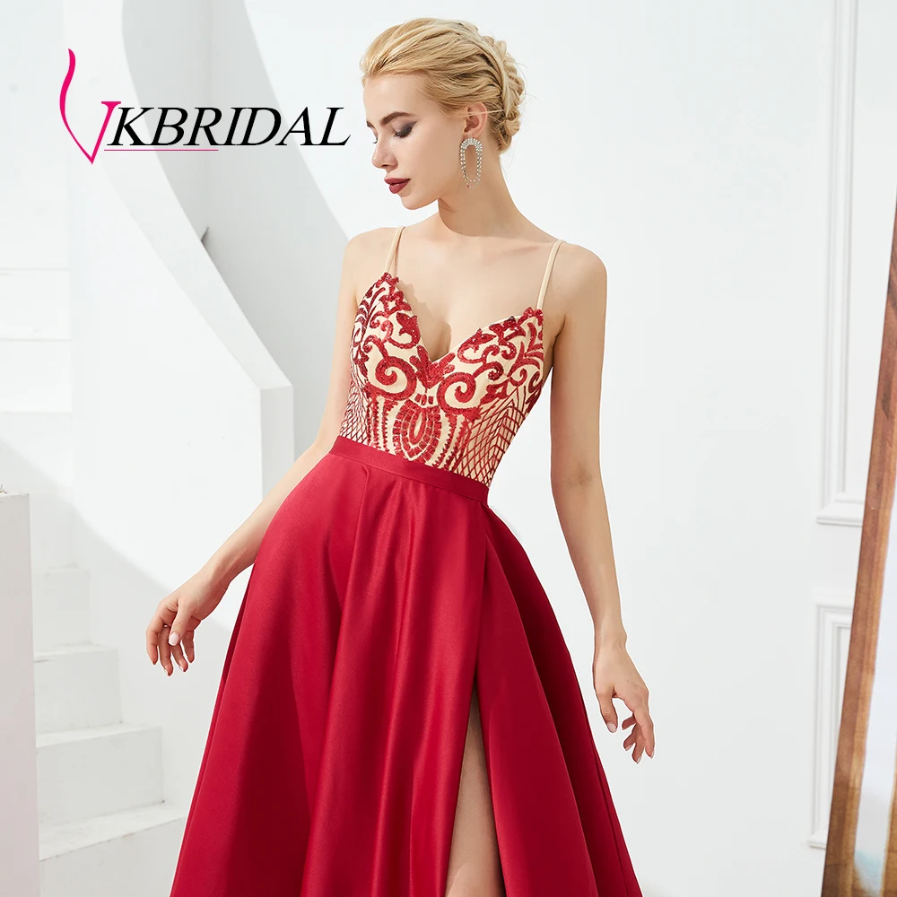 VKbridal реальное изображение с блёстками и кружевом и открытой спиной вечернее платье сексуальный Высокий разрез Бальные вечерние вечернее платье для выпускного бала длинные