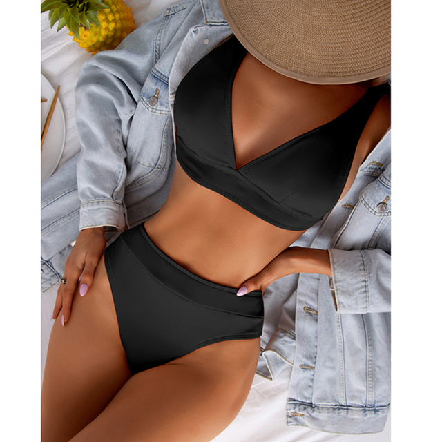 Ribbed Bikini High Waist Swimsuit Women Push Up Swimwear 2021 Sexy V-neck Biquini Solid Bathing Suit Summer Beachwear