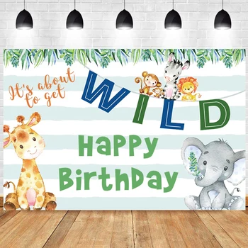 

Wild One Photo Backdrop Animal Jungle Safari 1st Giraffe Elephant Happy Birthday Party Baby Shower Photography Background Banner