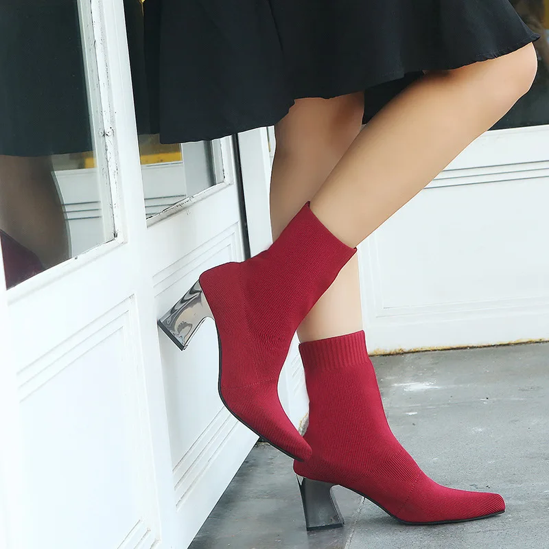 

Europe And America New Style Chunky-Heel Knit Elasticity Tube Pointed High Heels Thin Legs Adult Large Size Martin Boots nv xian