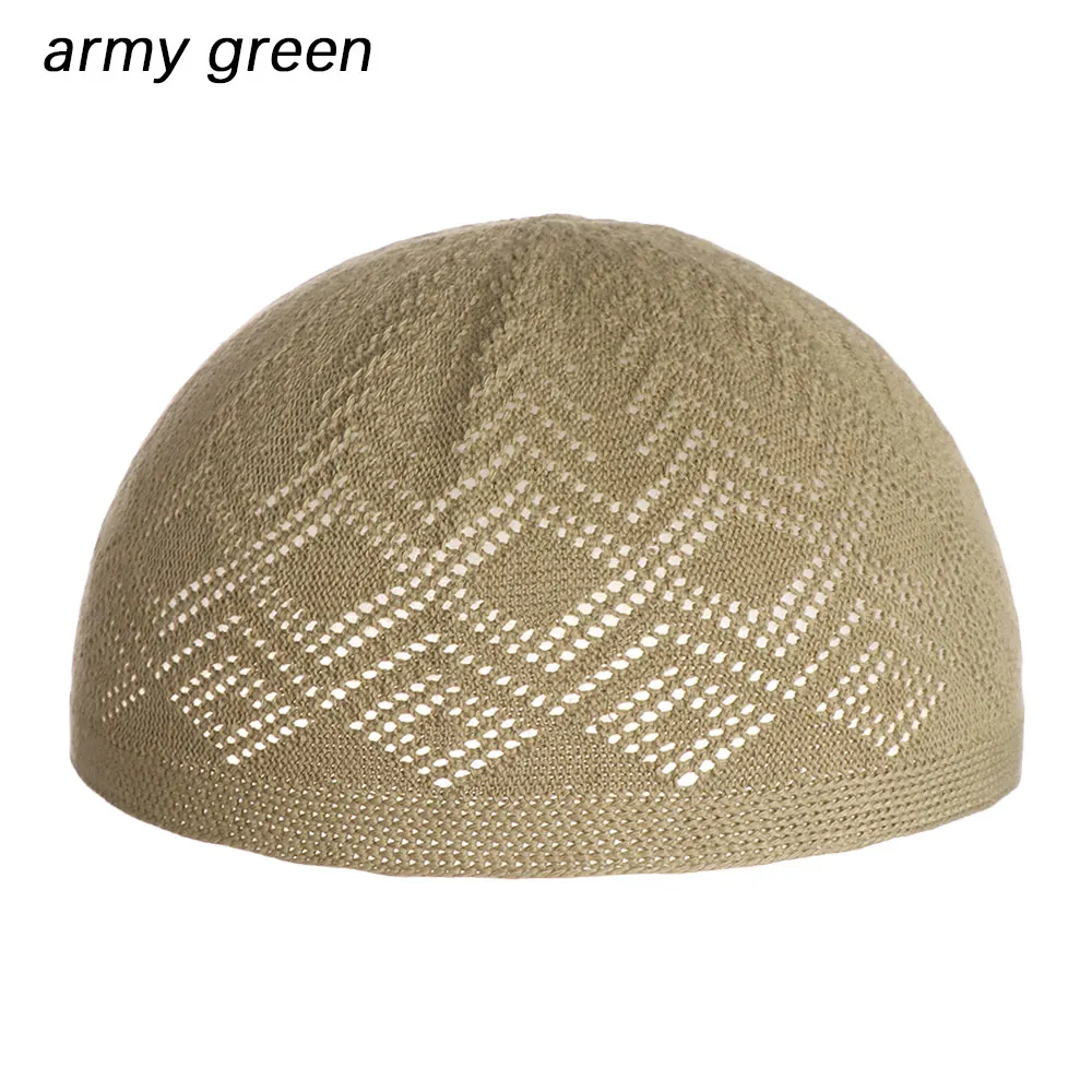 army green 1 шт., модная мужская хлопковая вязаная шапка для взрослых, шапка, мусульманская, Исламская шапочка для молитвы, головной убор, открытая Повседневная Мужская Уличная шляпа - Цвет: army green