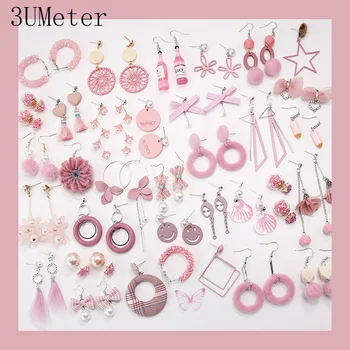 

3UMeter 2019 New Pink Cute Earrings Series For Women Cute Geometric Earrings Opal Sweet Pearl Petal Stud Earrings Korean Gift
