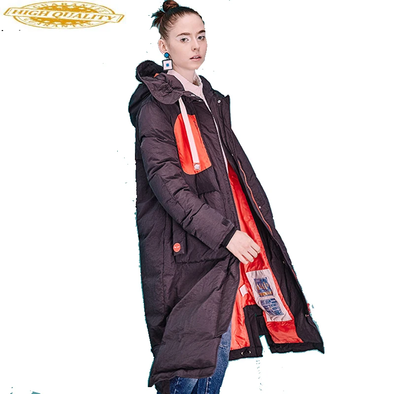

High Quality Winter Jacket Women 2020 New Thick White Duck Down Parka European Hooded Orang/Black Women Long Coats LX281