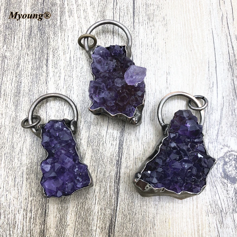 

Large Amethysts Druzy Antique Copper Finish Loop Pendants ,Boho Freeform Purple Crystal Charms For DIY Jewelry Making MY210408