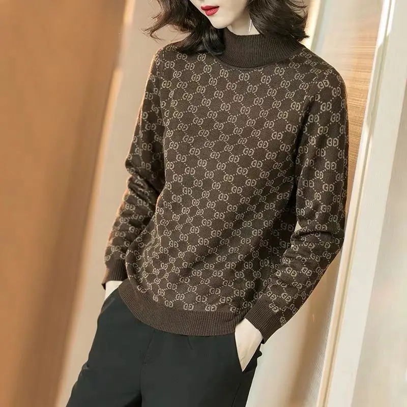 

Half-high collar pullover sweater women's 2020 autumn and winter New temperament printed loose Joker base top