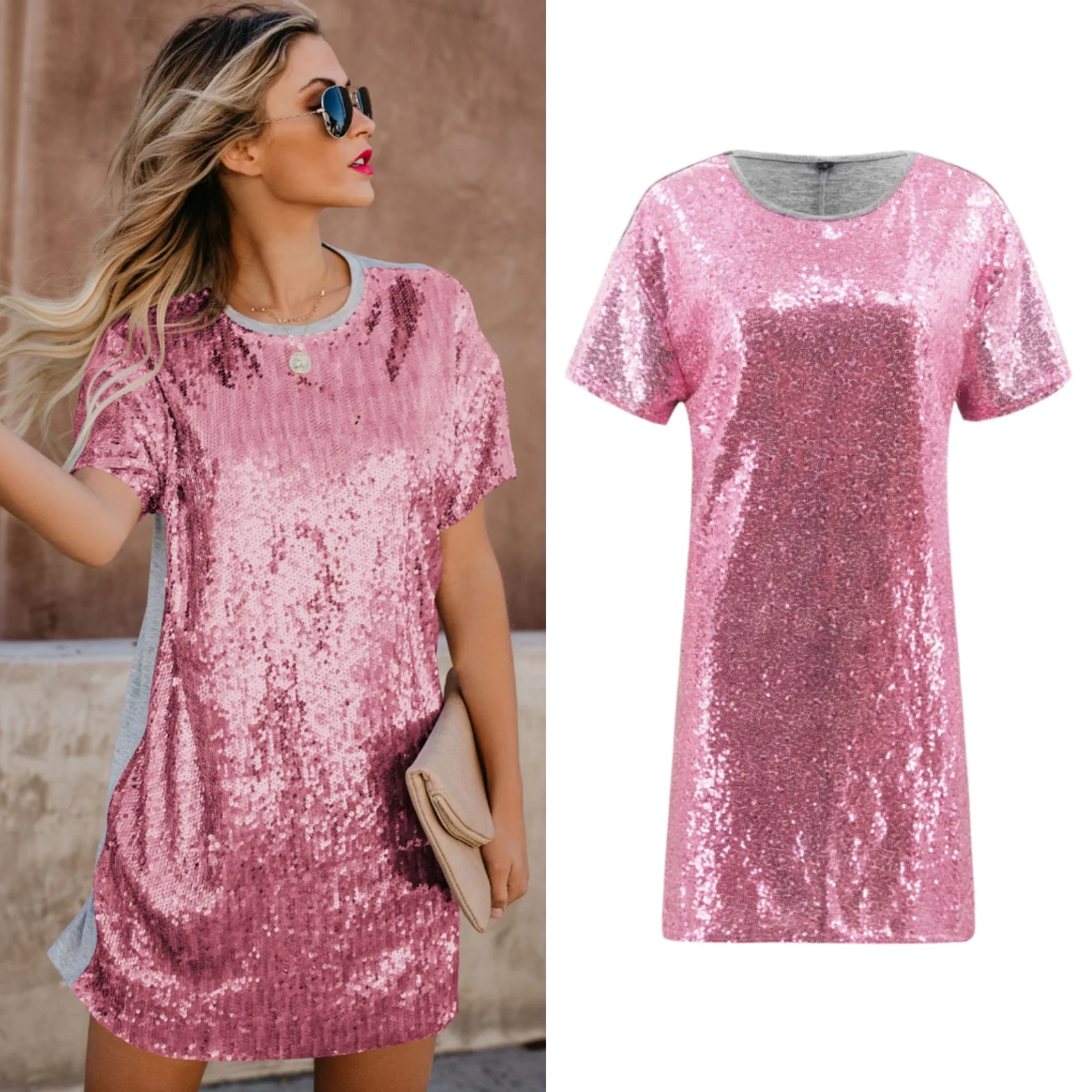 

Glitter Party Dress Sequin Dress for Women Sequined Pink Black Gold Siver Bodycon Club Clubwear Mini Christmas T Shirt Dress
